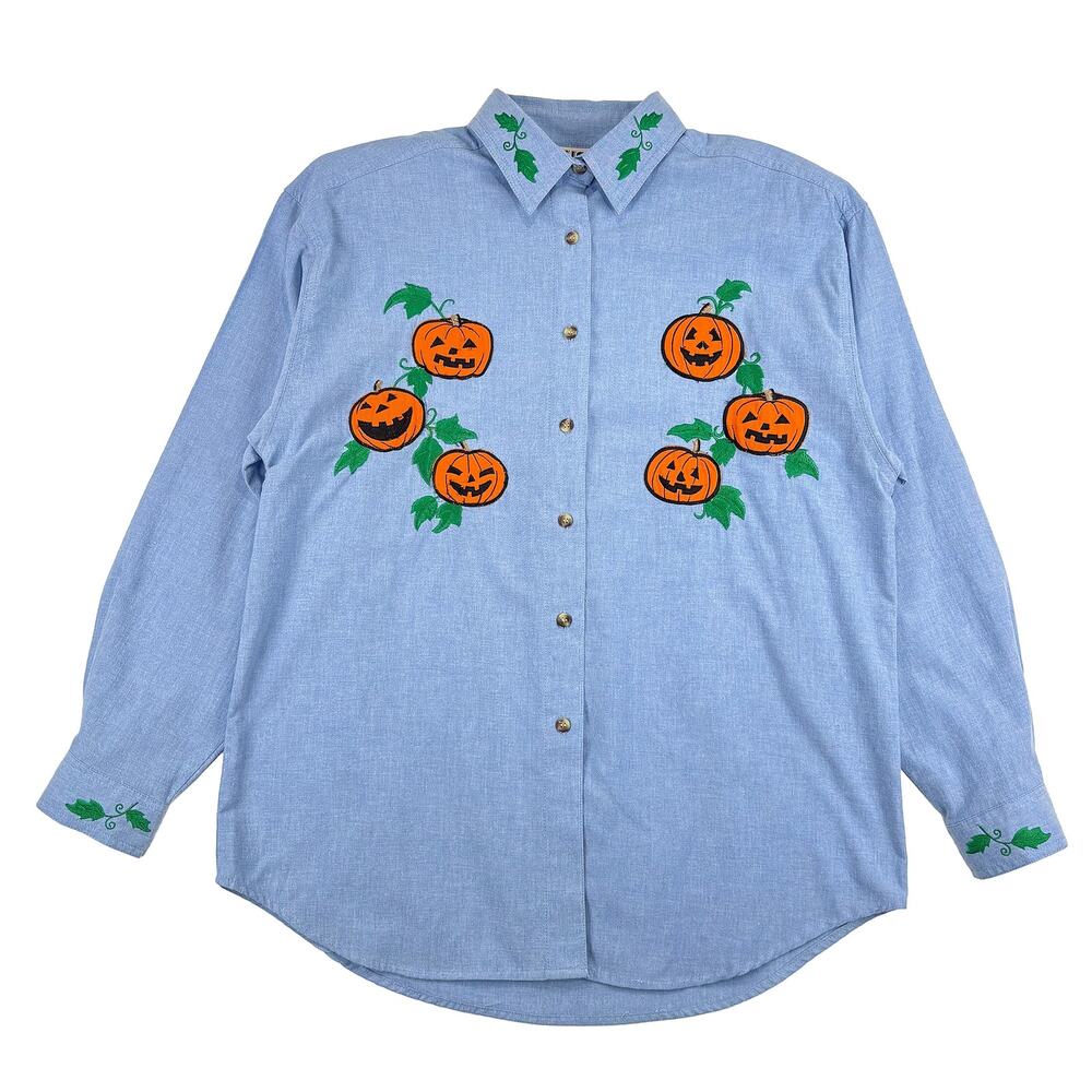 Falls Creek VTG 90s Halloween Button Up Shirt Womens M Blue Pumpkin Embroidered